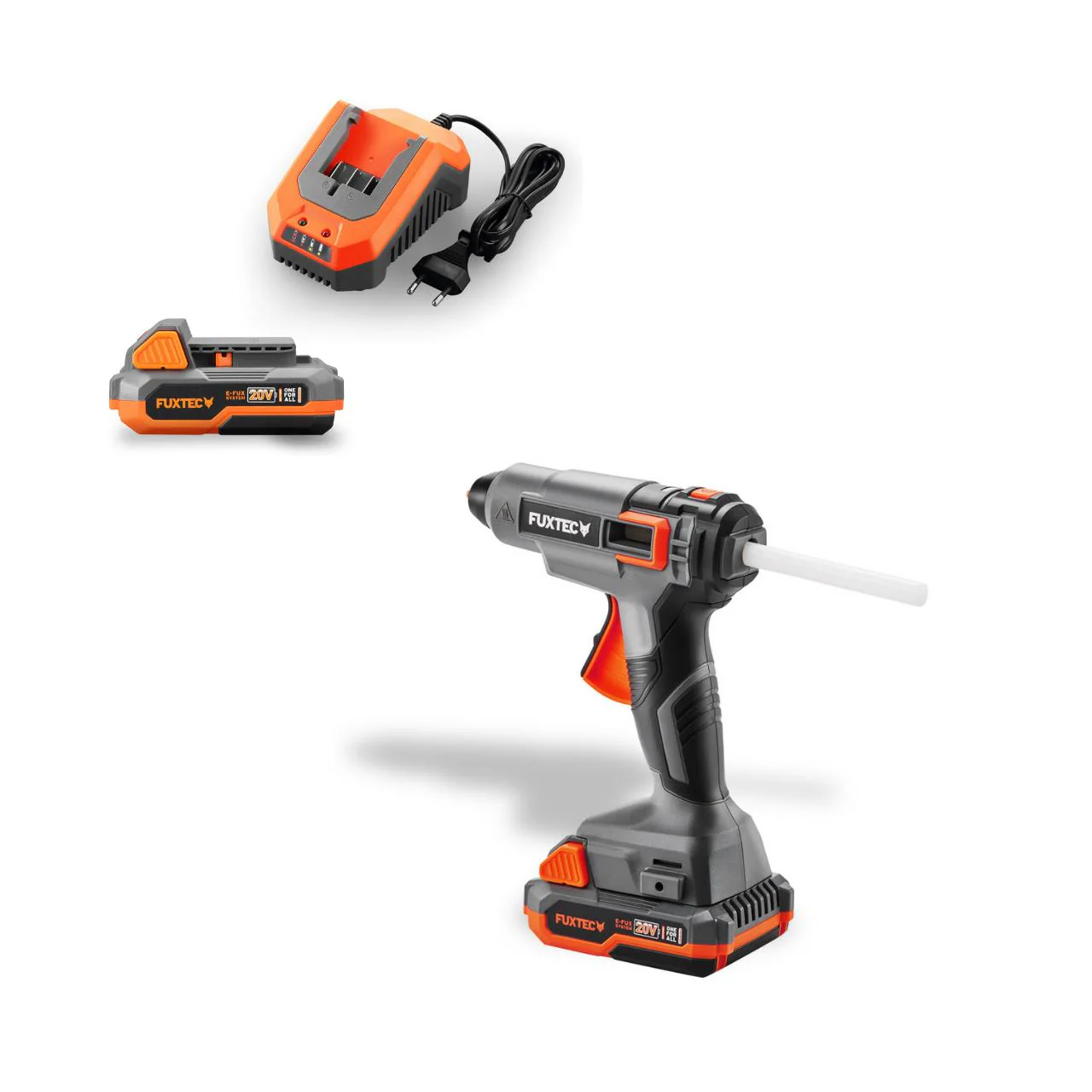 B-WARE Pistolet à colle chaude à batterie FUXTEC 20V FX-E1GG20 SET - avec 1x batterie 2Ah, 1x chargeur 2,4A