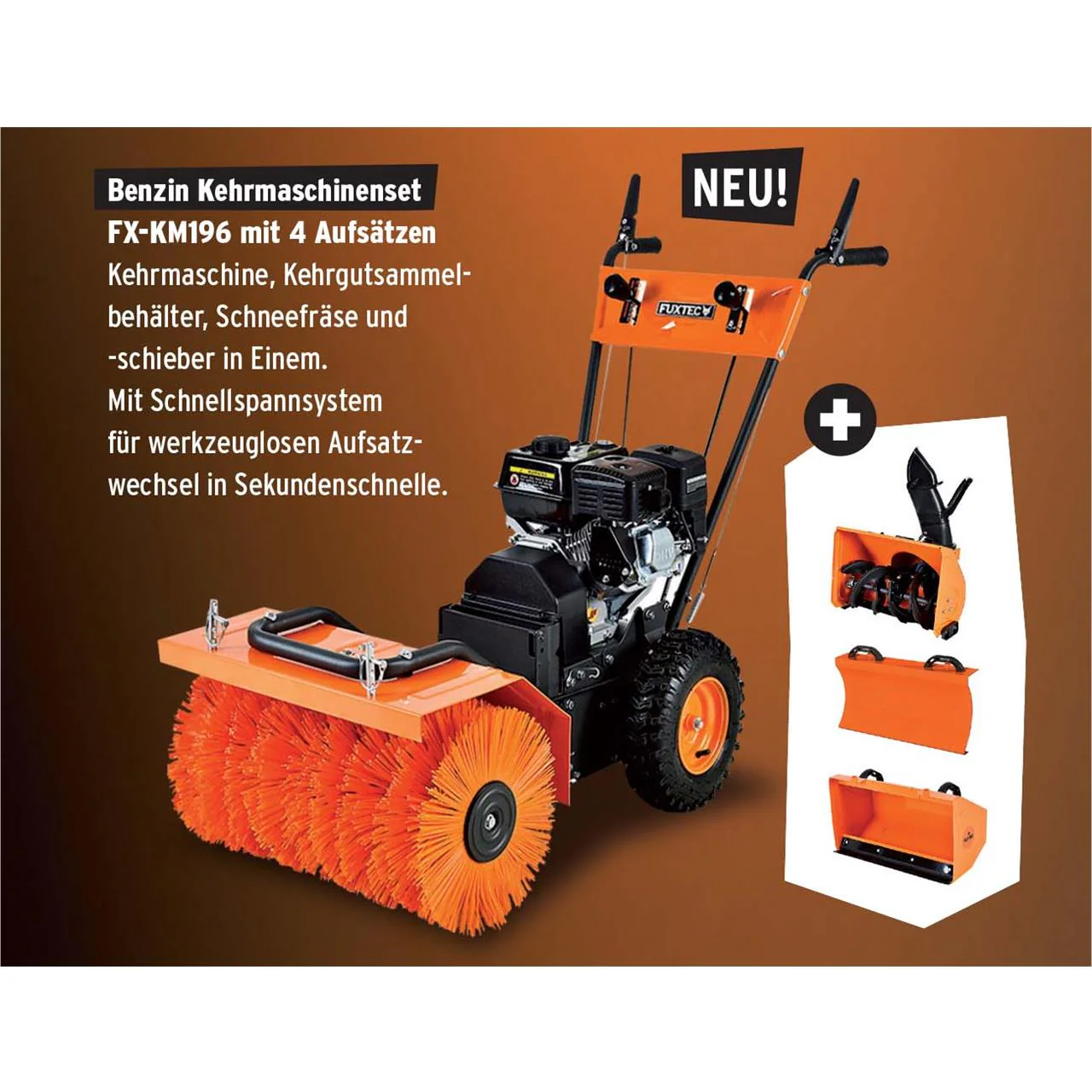 Balayeuse déneigeuse thermique FUXTEC FXKM196 SET1, avec brosse de balayage + 3 embouts fraise à neige, chasse-neige et collecteur de déchets - Image 2