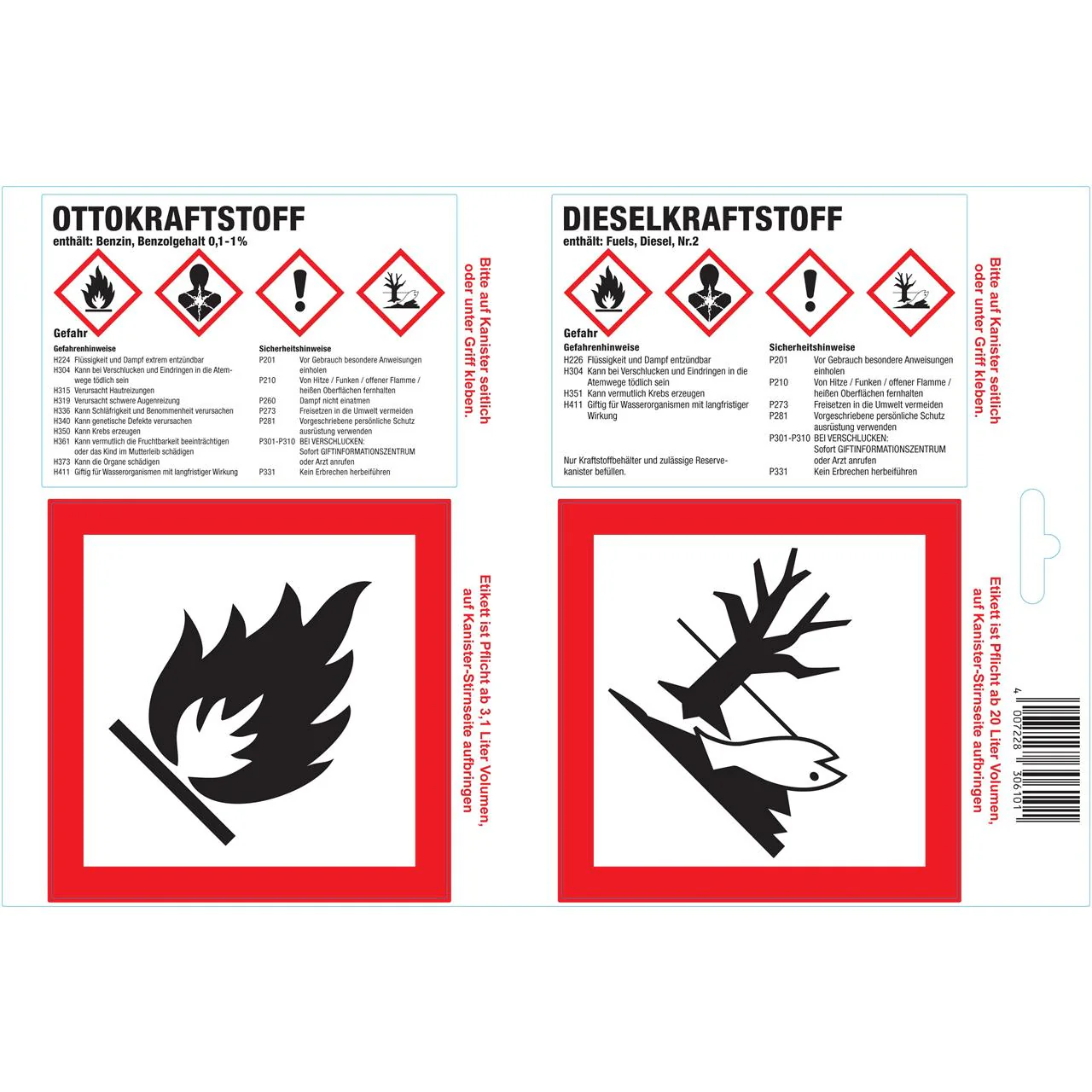 FUXTEC - Feuille de 4 étiquettes autocollantes pour essence/carburant diesel