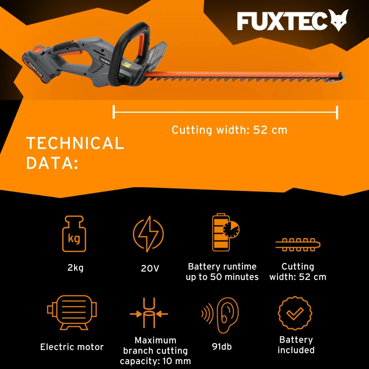 FUXTEC Cordless Hedge Trimmer FX-HT20 SET - 52cm Blade Length - Image 3